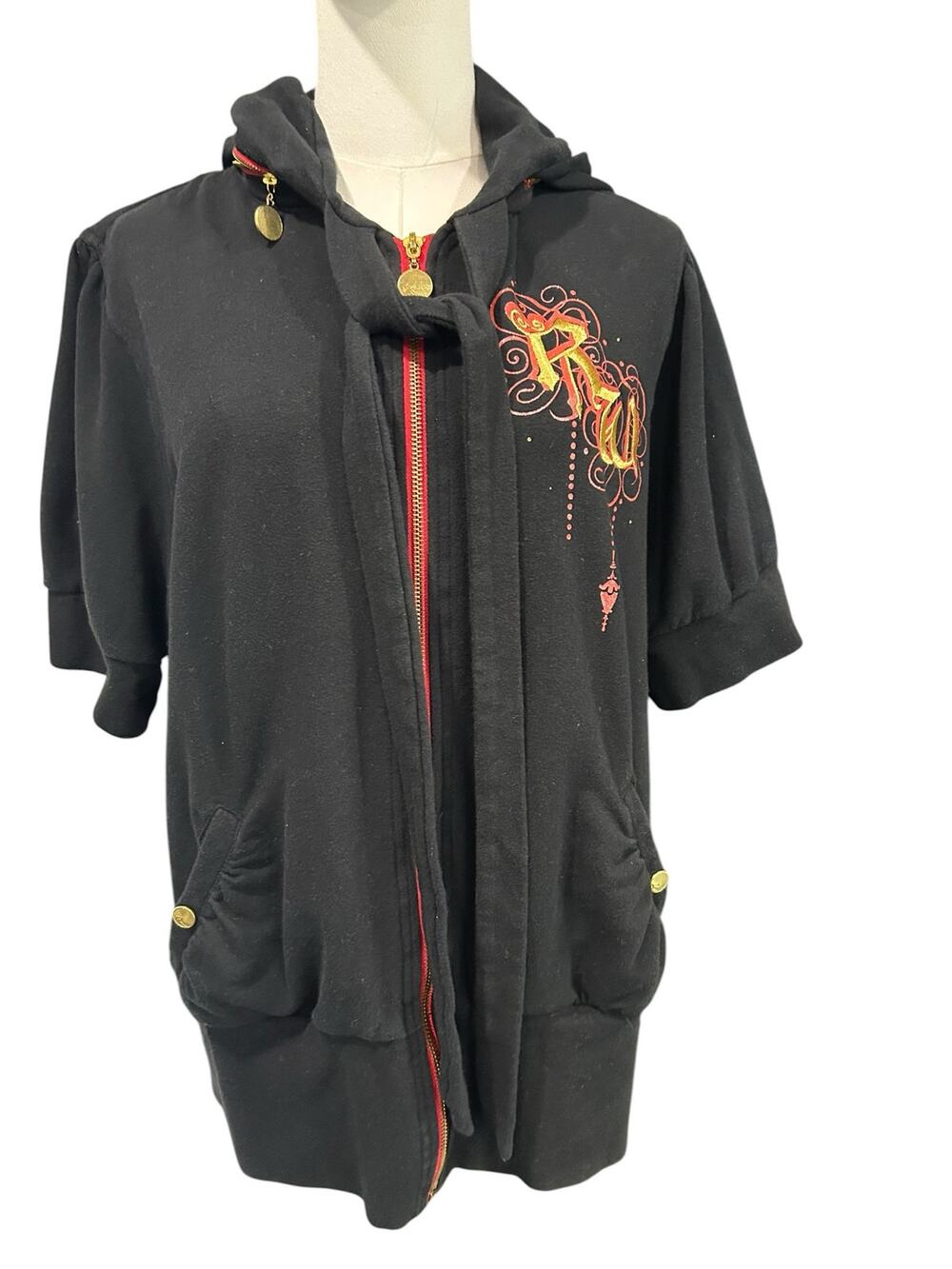 VTG Rocawear Zip Hoodie Black Red Embroidered Y2K Hip Hop Short Sleeve Womens 1X